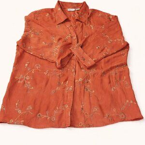 Apparenza Rust Embroidered Button Front Blouse Long Sleeve Size XL